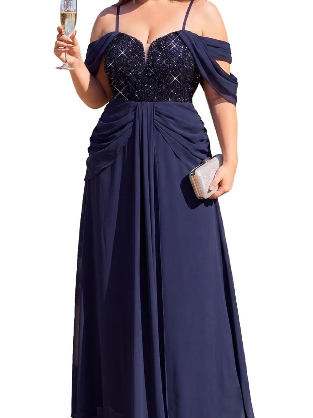 Navy Off-Shoulder Sequin Chiffon Prom Dress